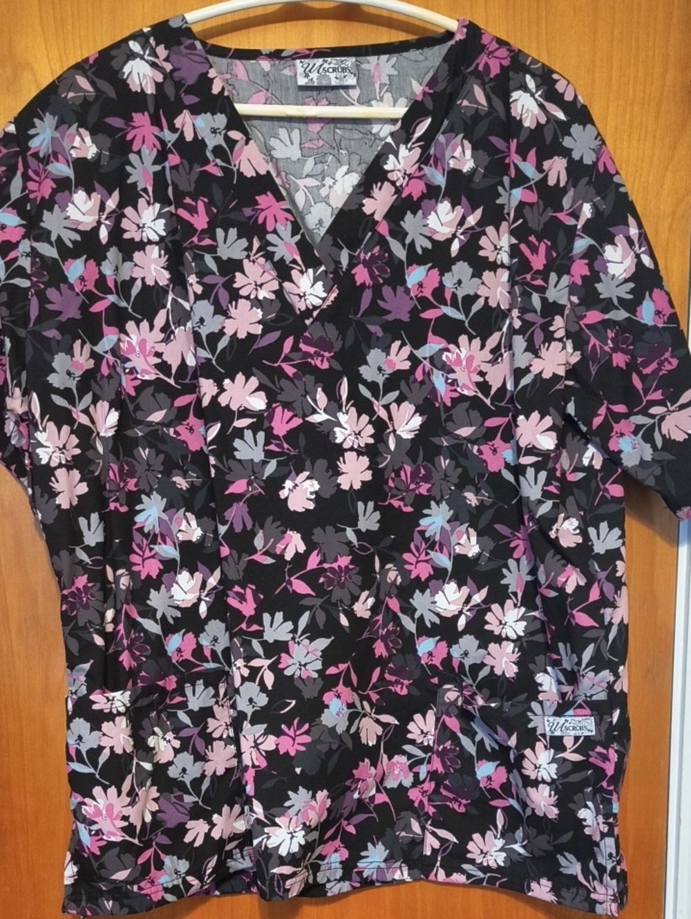 UA scrubs Black Floral V-Neck Scrub Top with Pink & Gray Blossoms